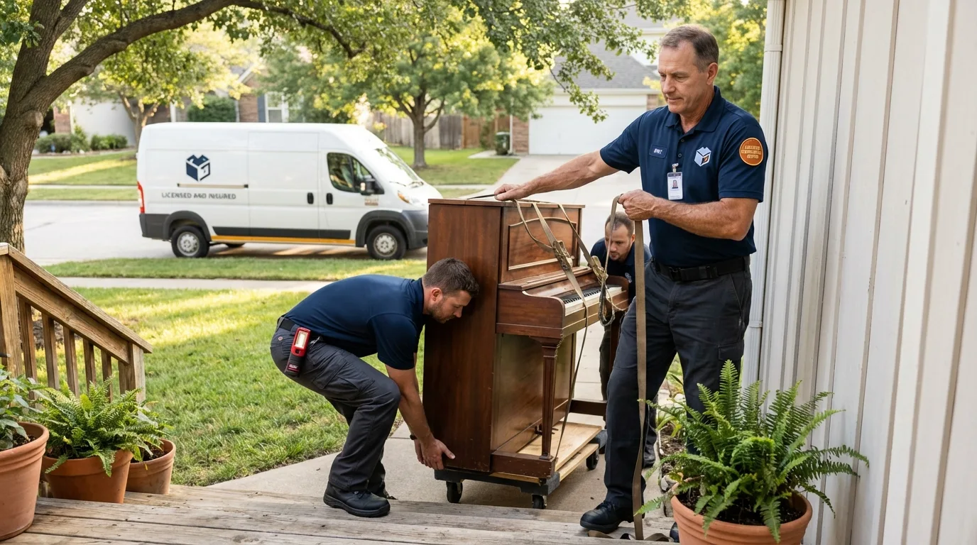Licensed piano movers securing grand piano in Astoria, IL