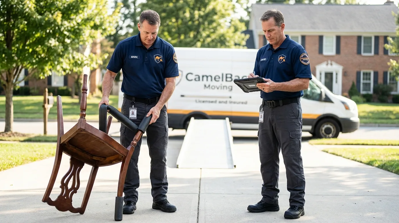 Movers inspecting furniture for damage prevention before loading in Astoria, IL
