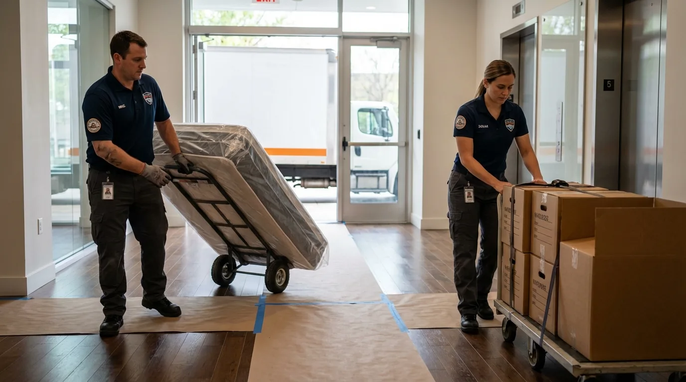Professional apartment movers loading elevator in Astoria, IL